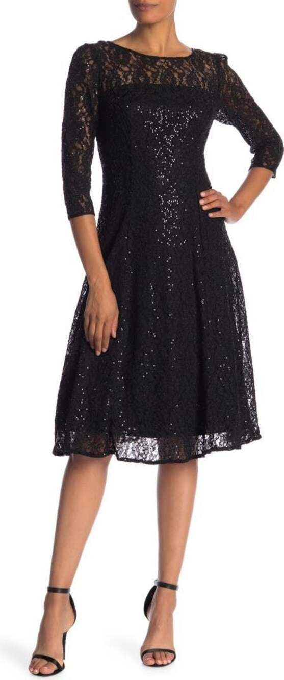 SLNY Black Sequined Lace Fit & Flare Dress Size 16 NWT
